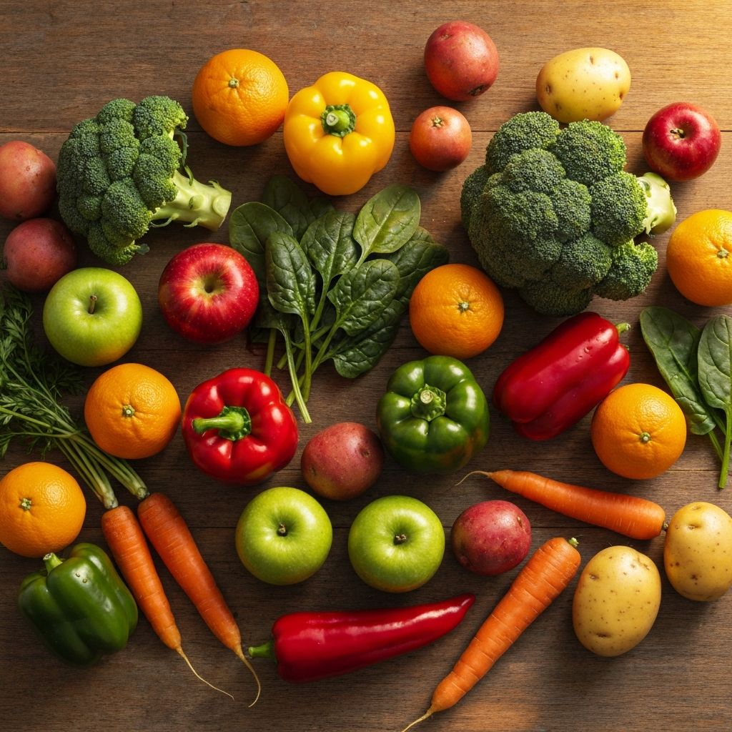 Fresh vegetables and fruits including broccoli, peppers, tomatoes, apples and carrots